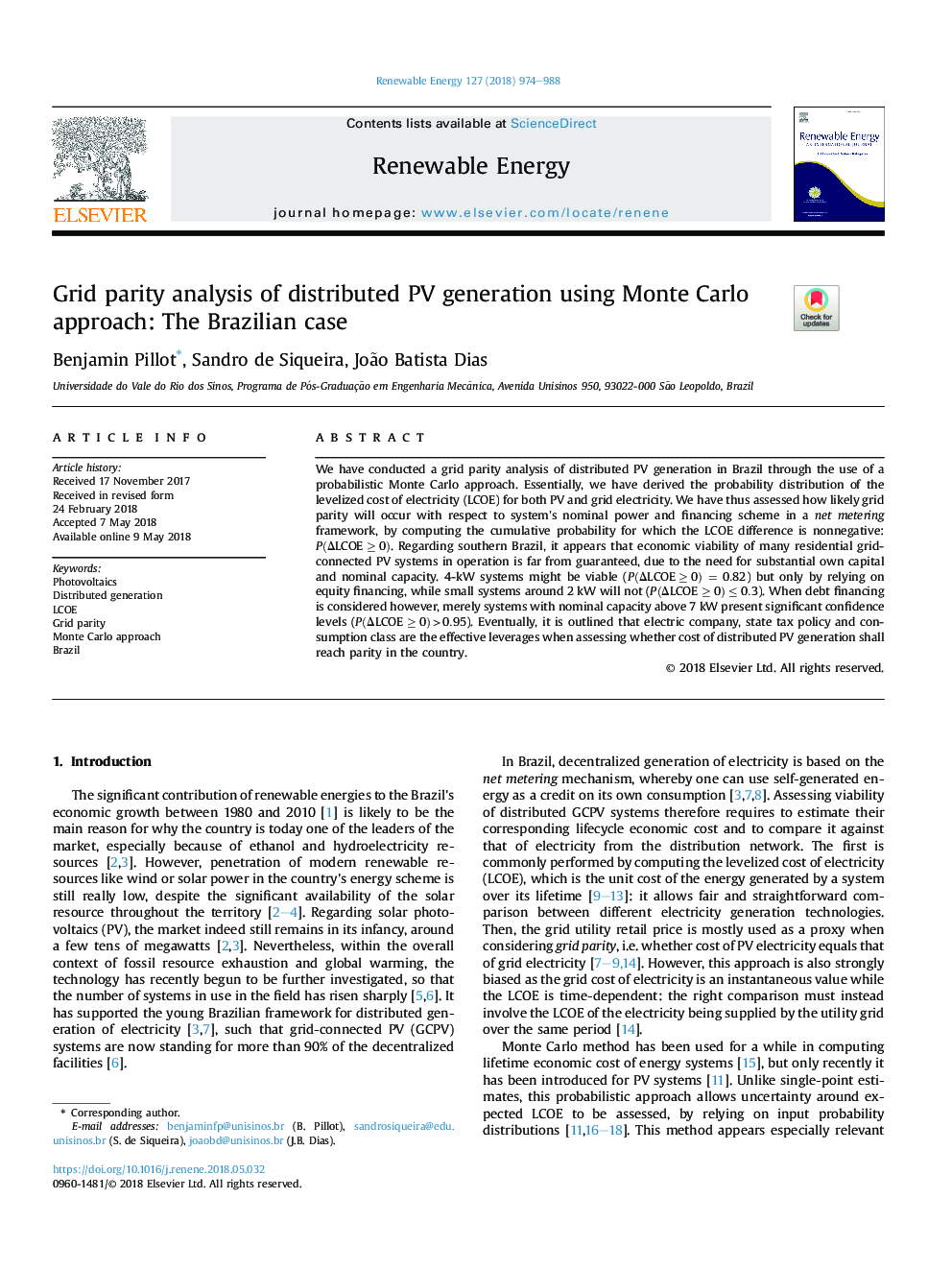 Grid parity analysis of distributed PV generation using Monte Carlo approach: The Brazilian case