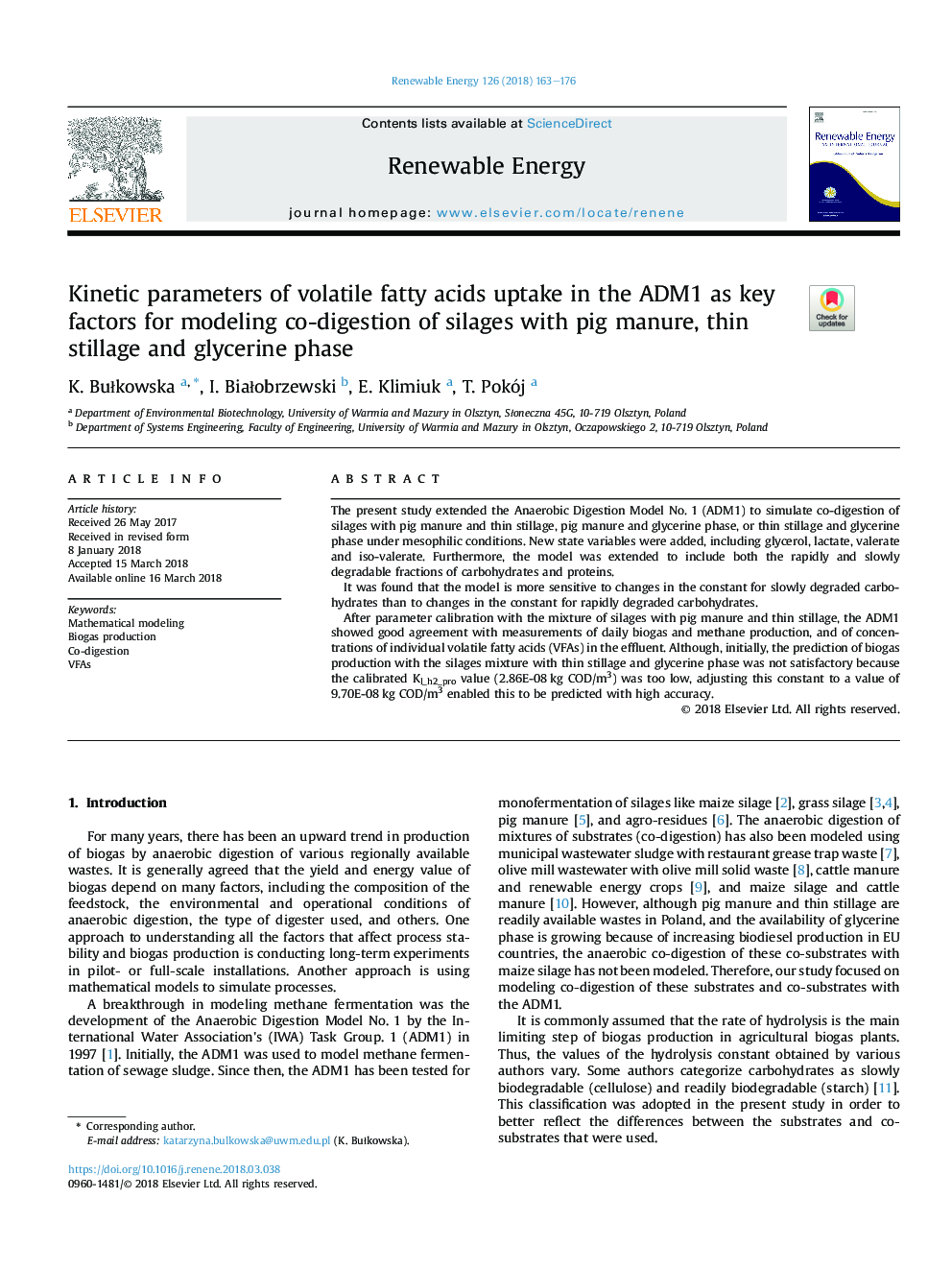 Kinetic parameters of volatile fatty acids uptake in the ADM1 as key factors for modeling co-digestion of silages with pig manure, thin stillage and glycerine phase