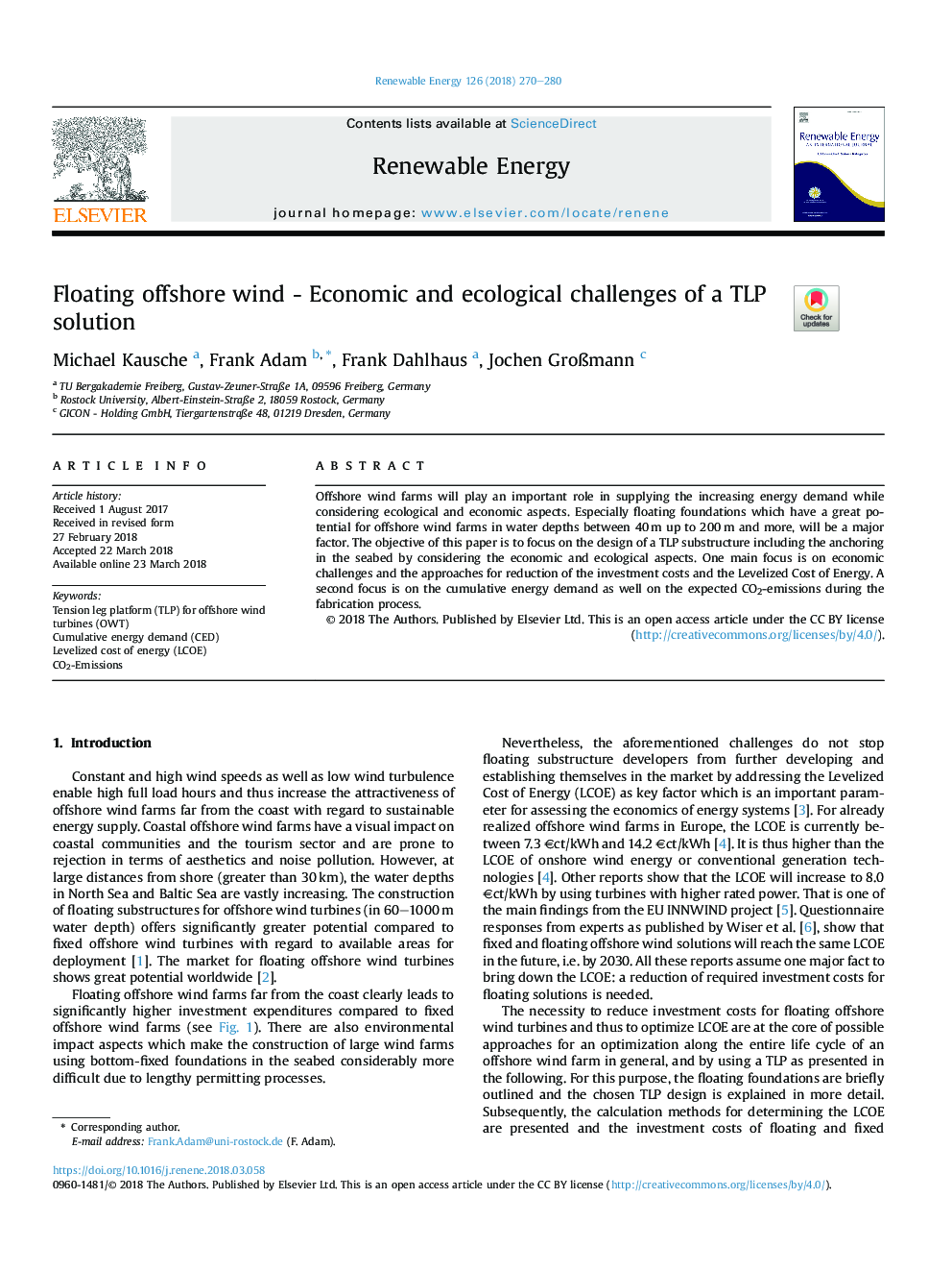 Floating offshore wind - Economic and ecological challenges of a TLP solution