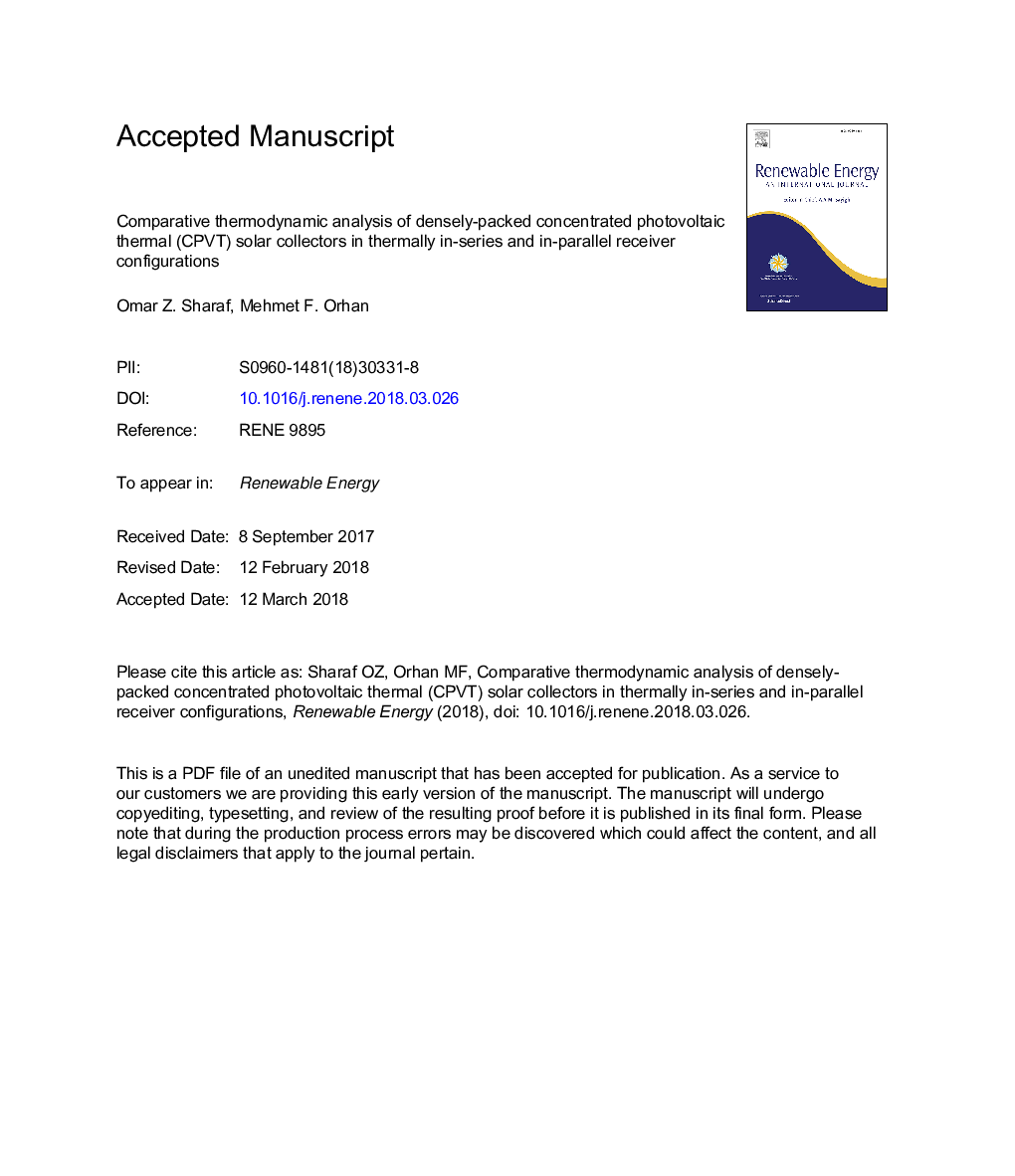 Comparative thermodynamic analysis of densely-packed concentrated photovoltaic thermal (CPVT) solar collectors in thermally in-series and in-parallel receiver configurations