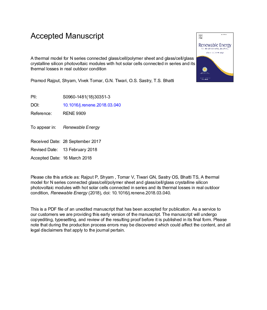 A thermal model for N series connected glass/cell/polymer sheet and glass/cell/glass crystalline silicon photovoltaic modules with hot solar cells connected in series and its thermal losses in real outdoor condition