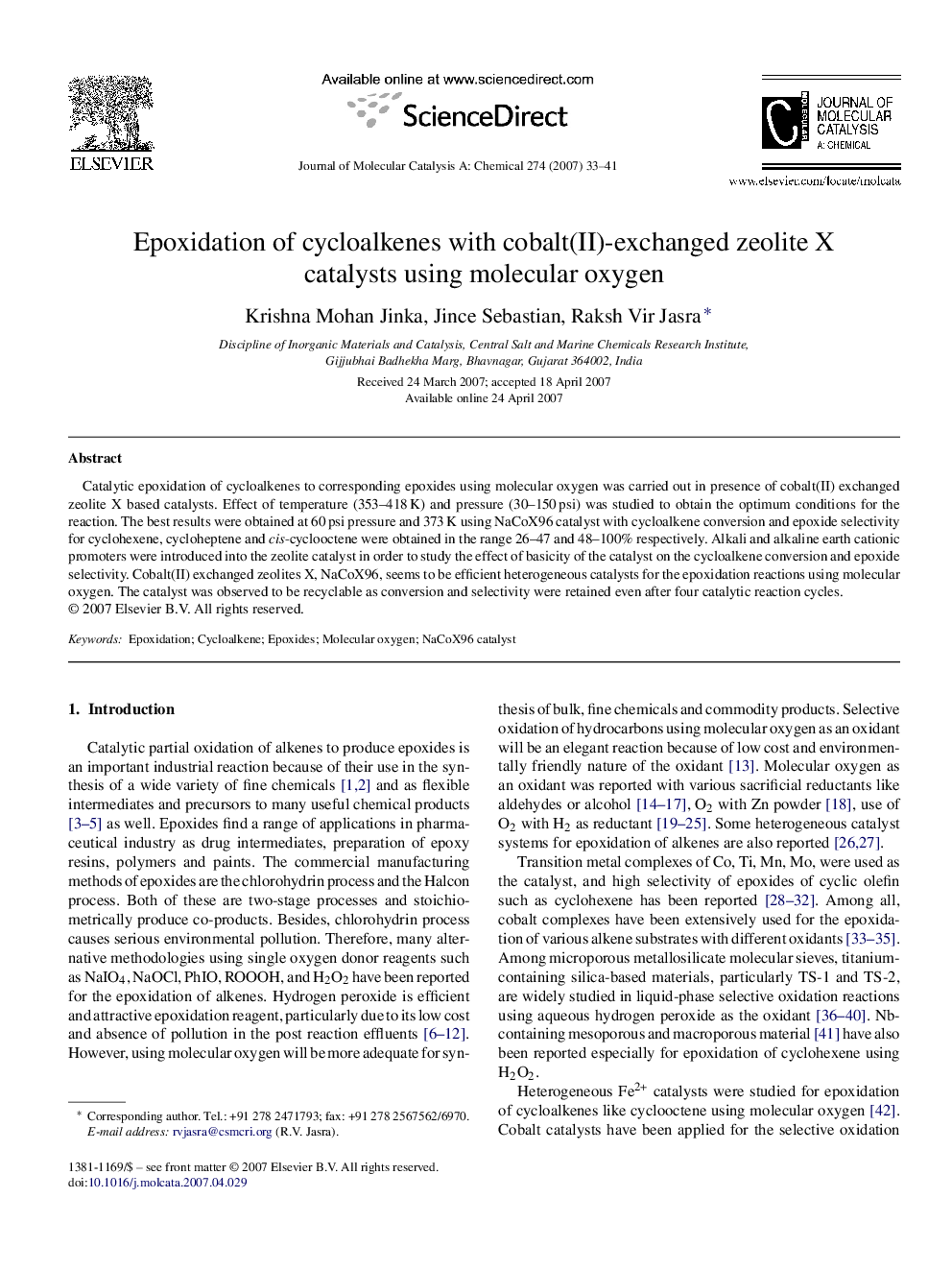 Epoxidation of cycloalkenes with cobalt(II)-exchanged zeolite X catalysts using molecular oxygen