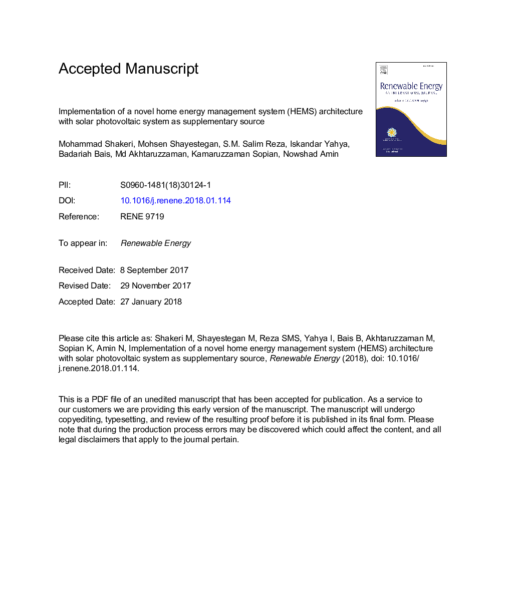 Implementation of a novel home energy management system (HEMS) architecture with solar photovoltaic system as supplementary source