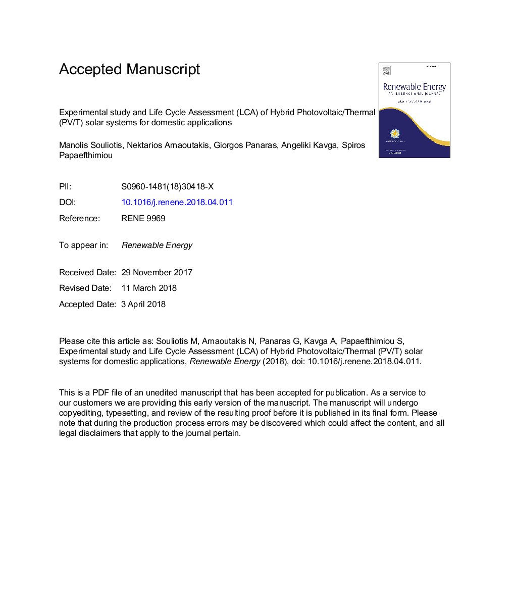 Experimental study and Life Cycle Assessment (LCA) of Hybrid Photovoltaic/Thermal (PV/T) solar systems for domestic applications