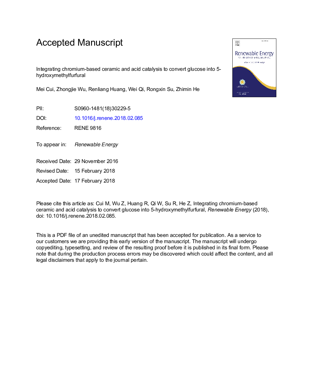 Integrating chromium-based ceramic and acid catalysis to convert glucose into 5-hydroxymethylfurfural