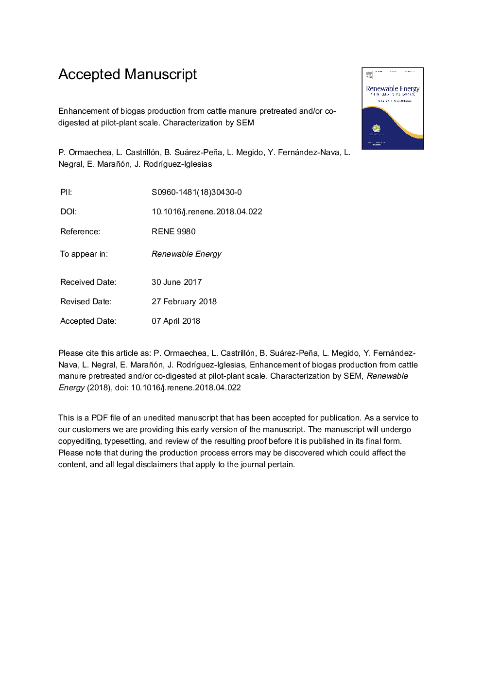 Enhancement of biogas production from cattle manure pretreated and/or co-digested at pilot-plant scale. Characterization by SEM