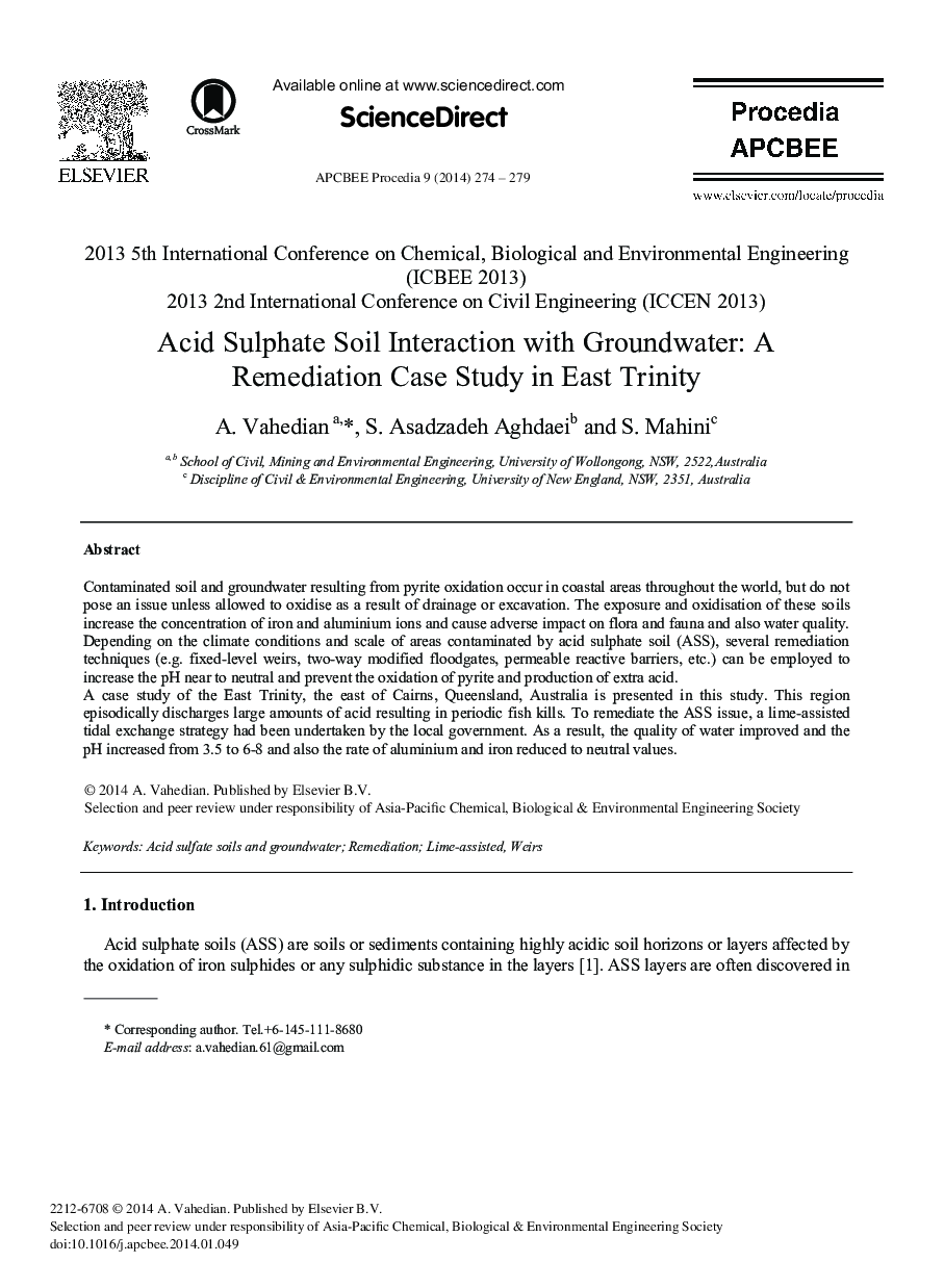 تعامل خاک اسید سولفات با آب های زیرزمینی: مطالعه موردی در شرق تریتیک 