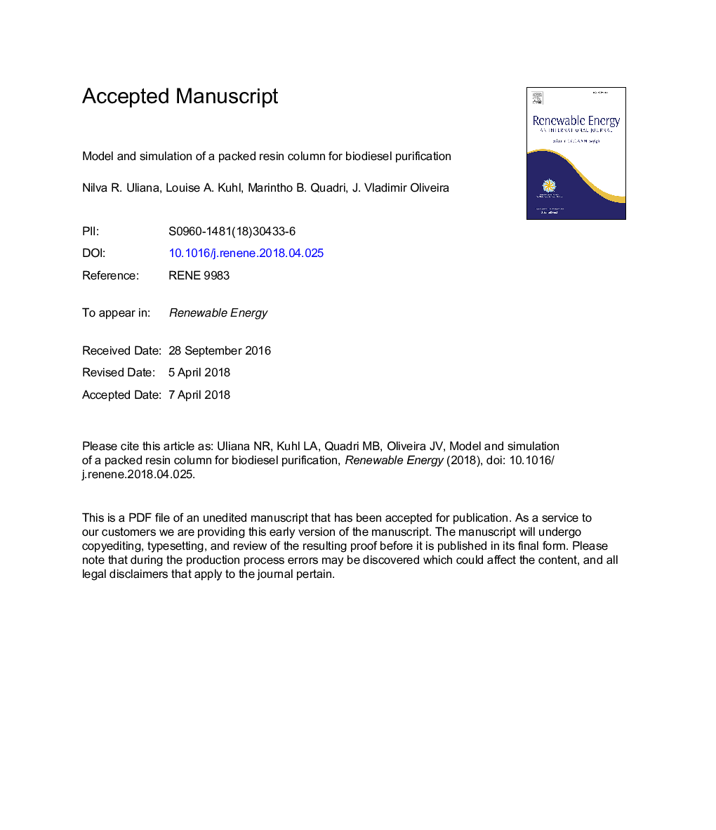 Model and simulation of a packed resin column for biodiesel purification