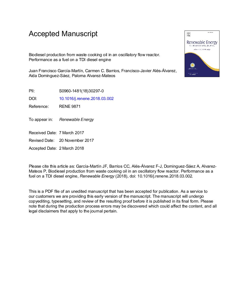 Biodiesel production from waste cooking oil in an oscillatory flow reactor. Performance as a fuel on a TDI diesel engine