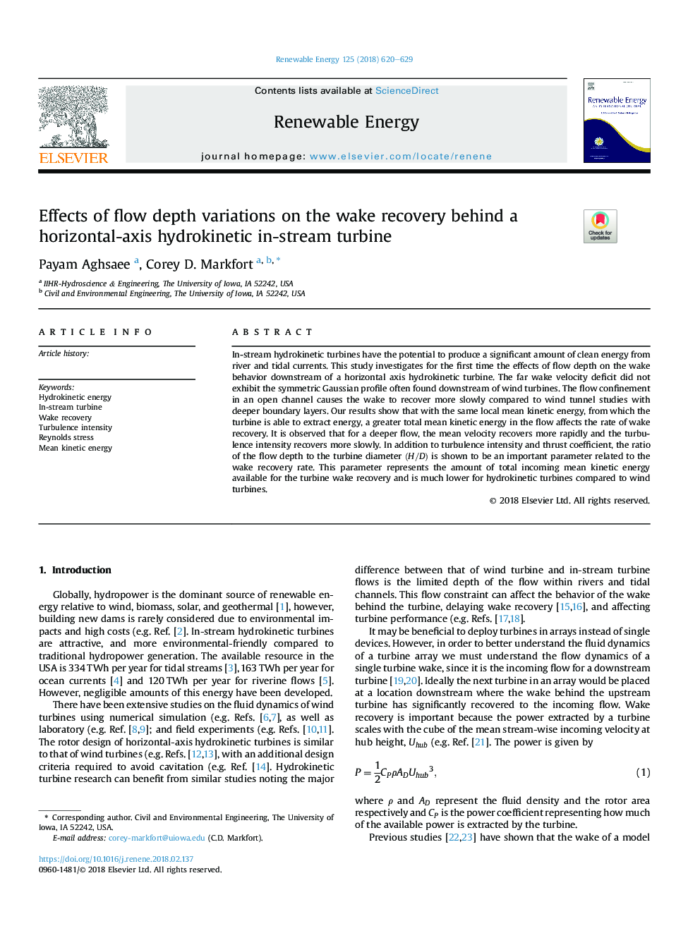 Effects of flow depth variations on the wake recovery behind a horizontal-axis hydrokinetic in-stream turbine