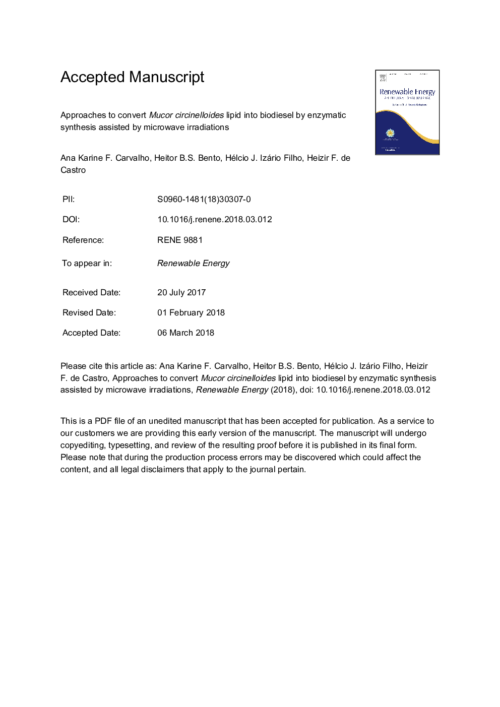 Approaches to convert Mucor circinelloides lipid into biodiesel by enzymatic synthesis assisted by microwave irradiations