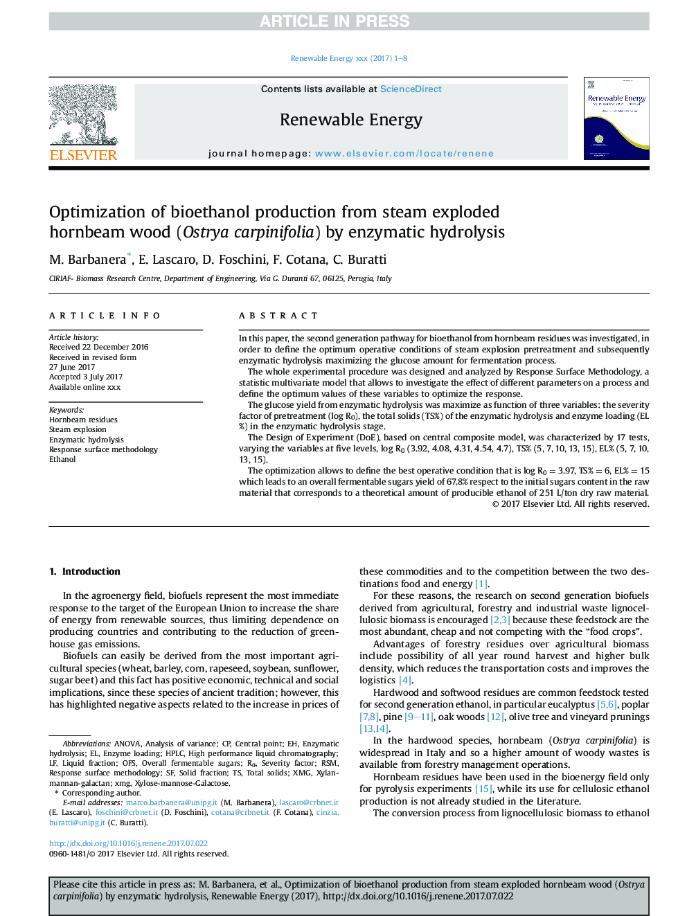 Optimization of bioethanol production from steam exploded hornbeam wood (Ostrya carpinifolia) by enzymatic hydrolysis