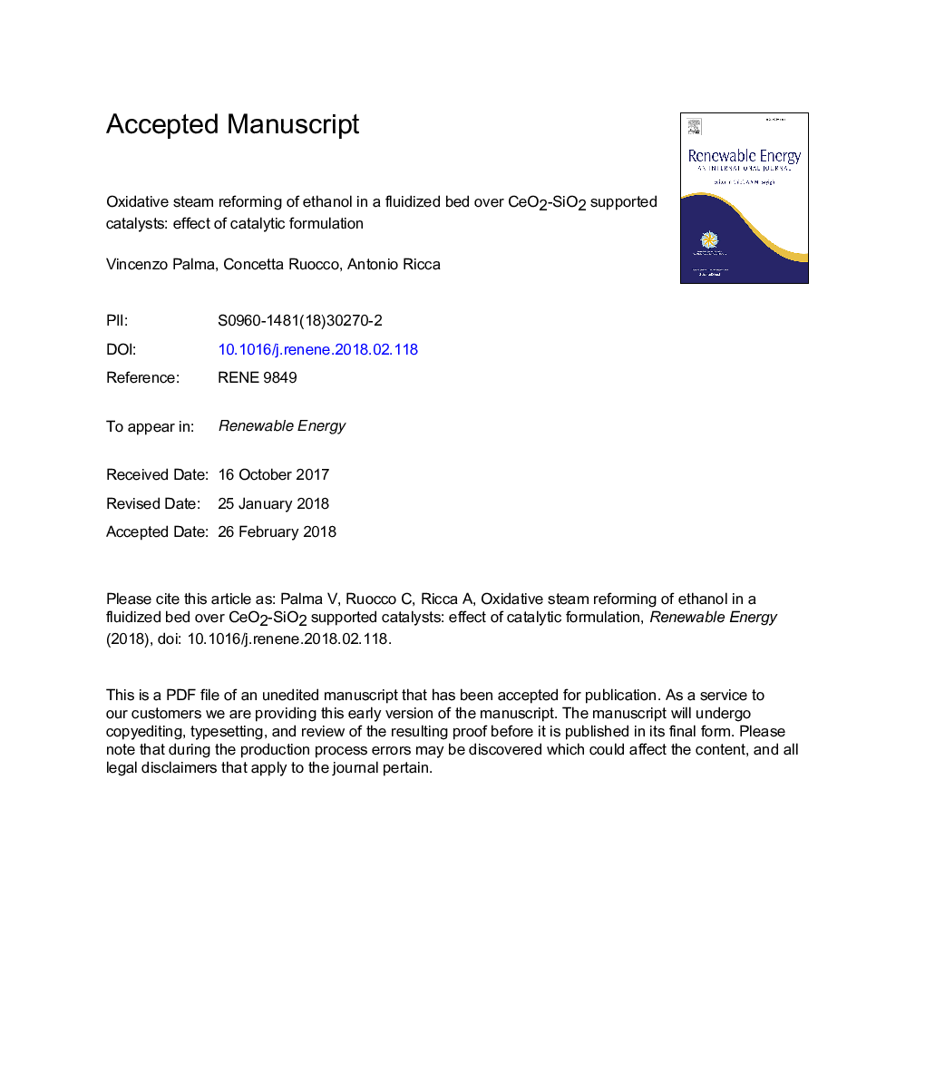 Oxidative steam reforming of ethanol in a fluidized bed over CeO2-SiO2 supported catalysts: effect of catalytic formulation