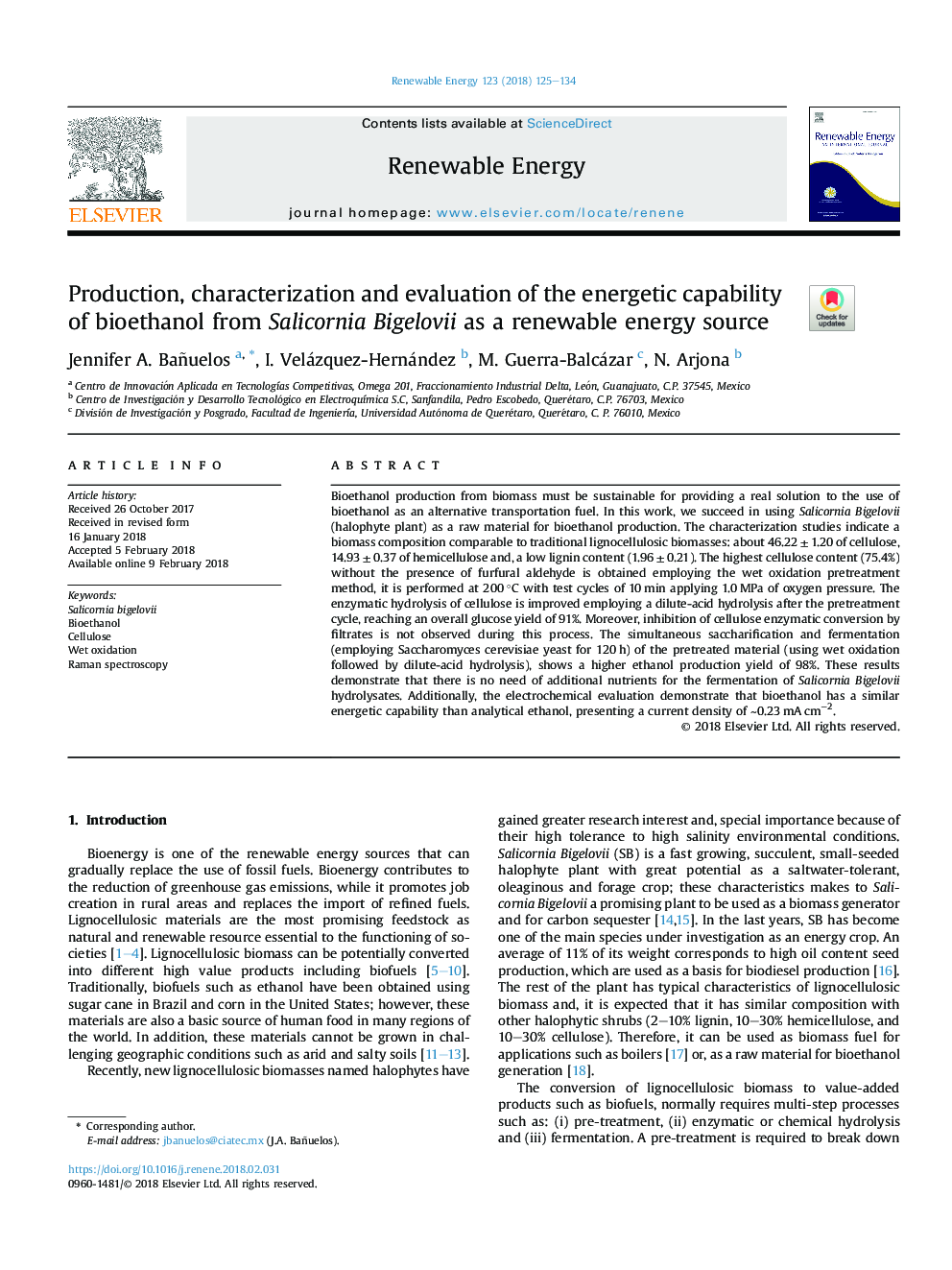 Production, characterization and evaluation of the energetic capability of bioethanol from Salicornia Bigelovii as a renewable energy source