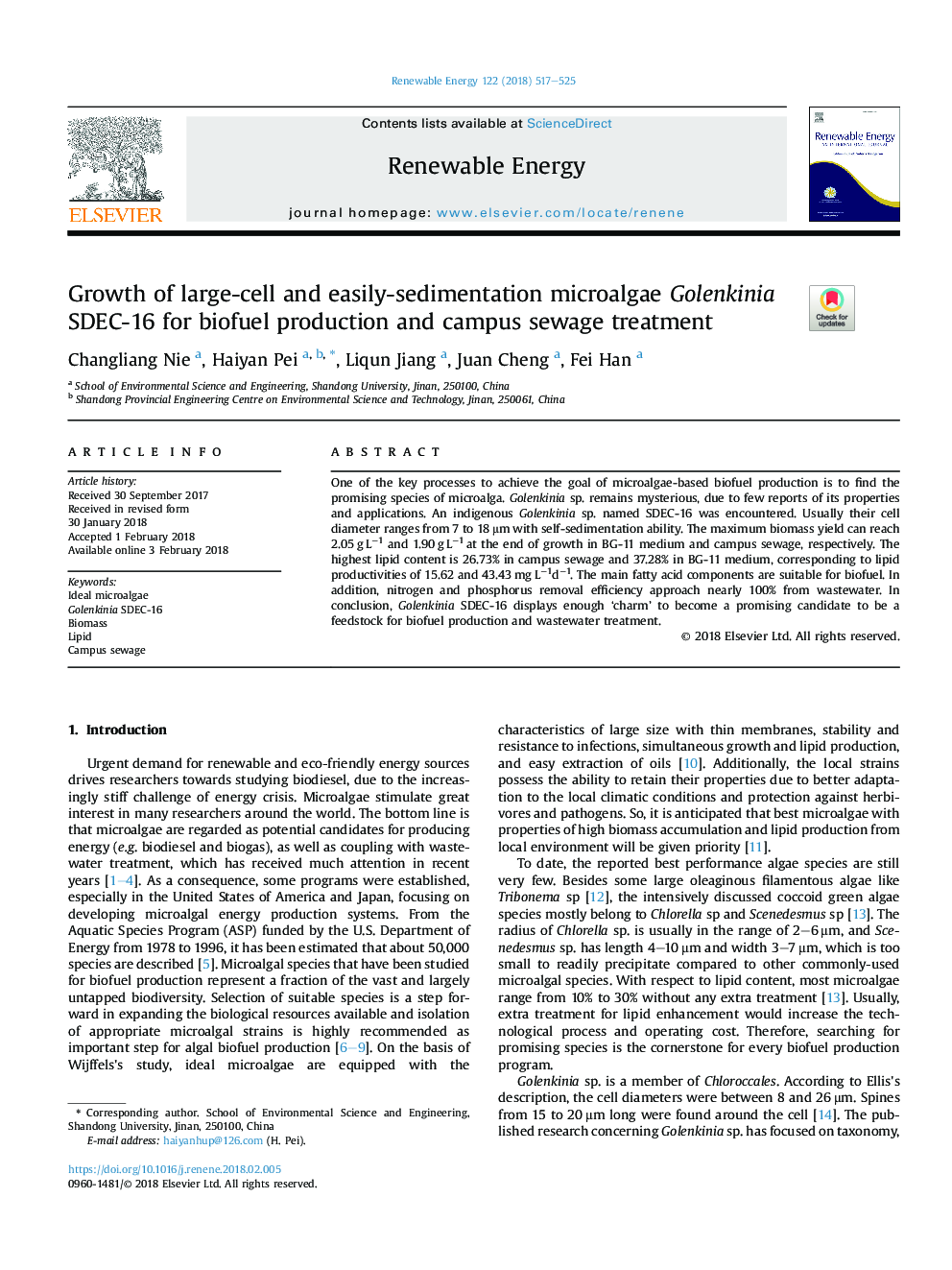 Growth of large-cell and easily-sedimentation microalgae Golenkinia SDEC-16 for biofuel production and campus sewage treatment