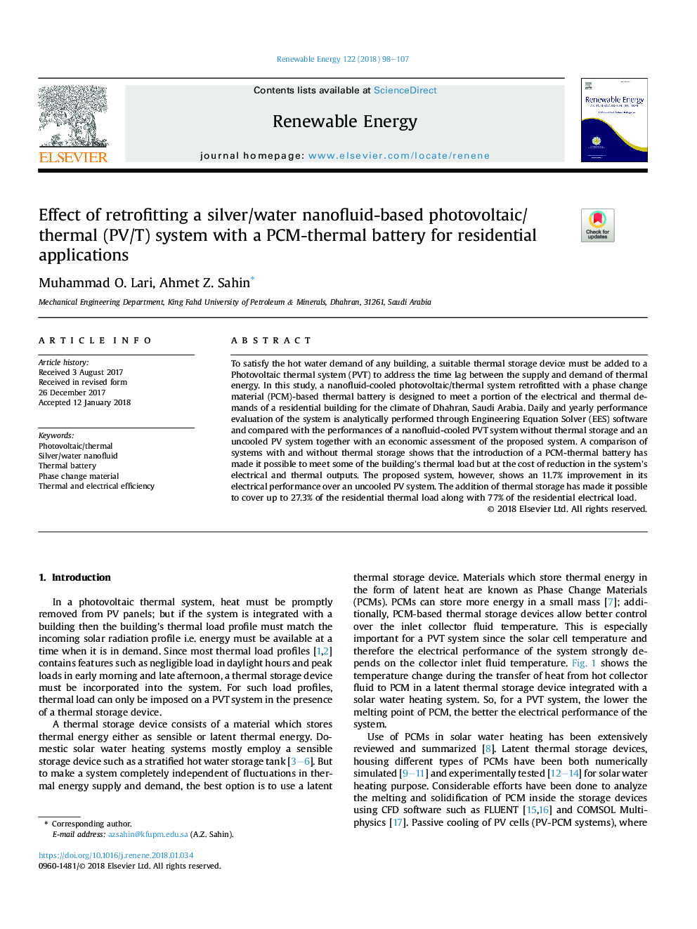 Effect of retrofitting a silver/water nanofluid-based photovoltaic/thermal (PV/T) system with a PCM-thermal battery for residential applications