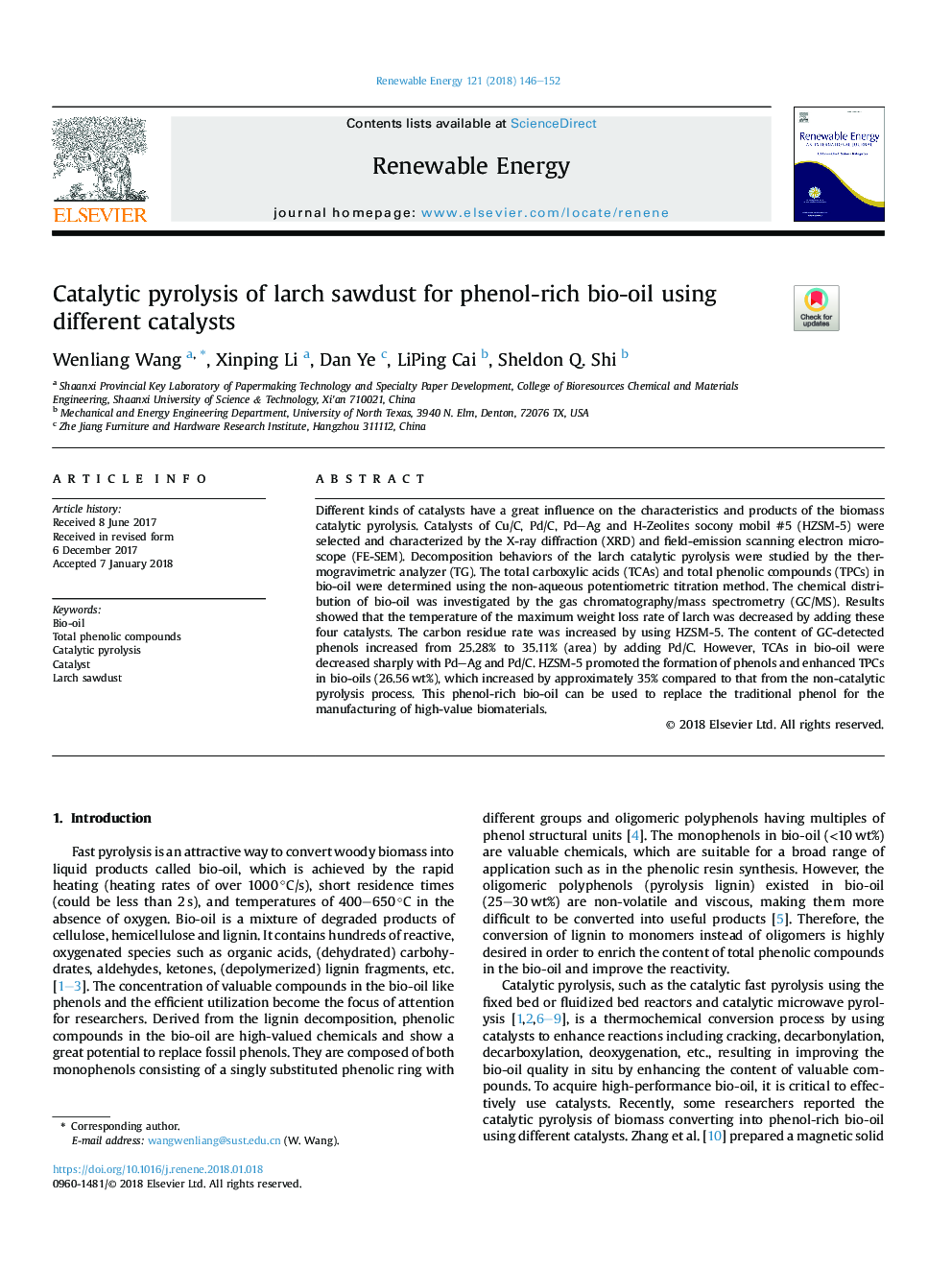 Catalytic pyrolysis of larch sawdust for phenol-rich bio-oil using different catalysts