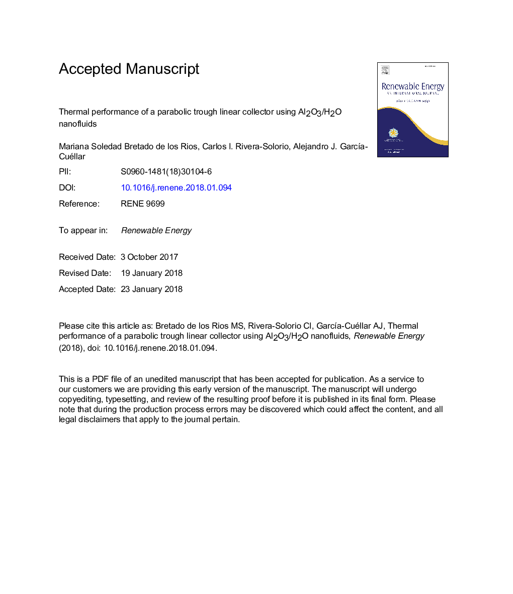 Thermal performance of a parabolic trough linear collector using Al2O3/H2O nanofluids