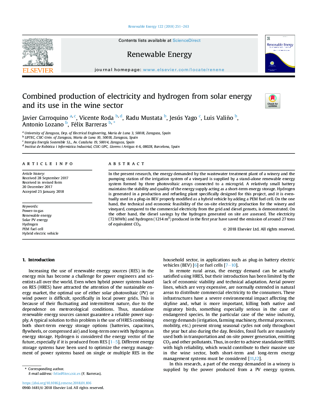 Combined production of electricity and hydrogen from solar energy and its use in the wine sector