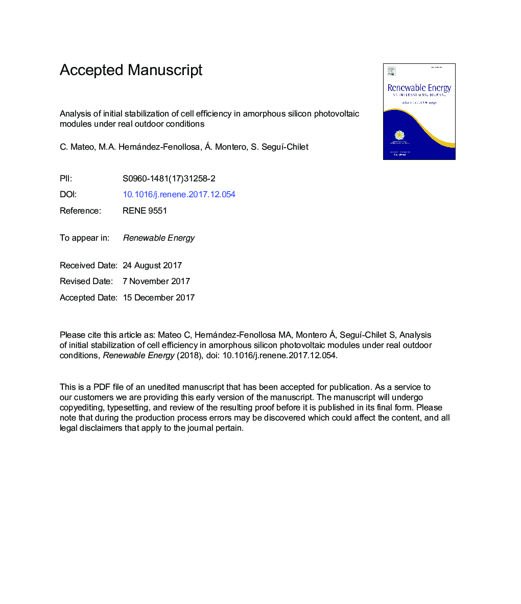 Analysis of initial stabilization of cell efficiency in amorphous silicon photovoltaic modules under real outdoor conditions