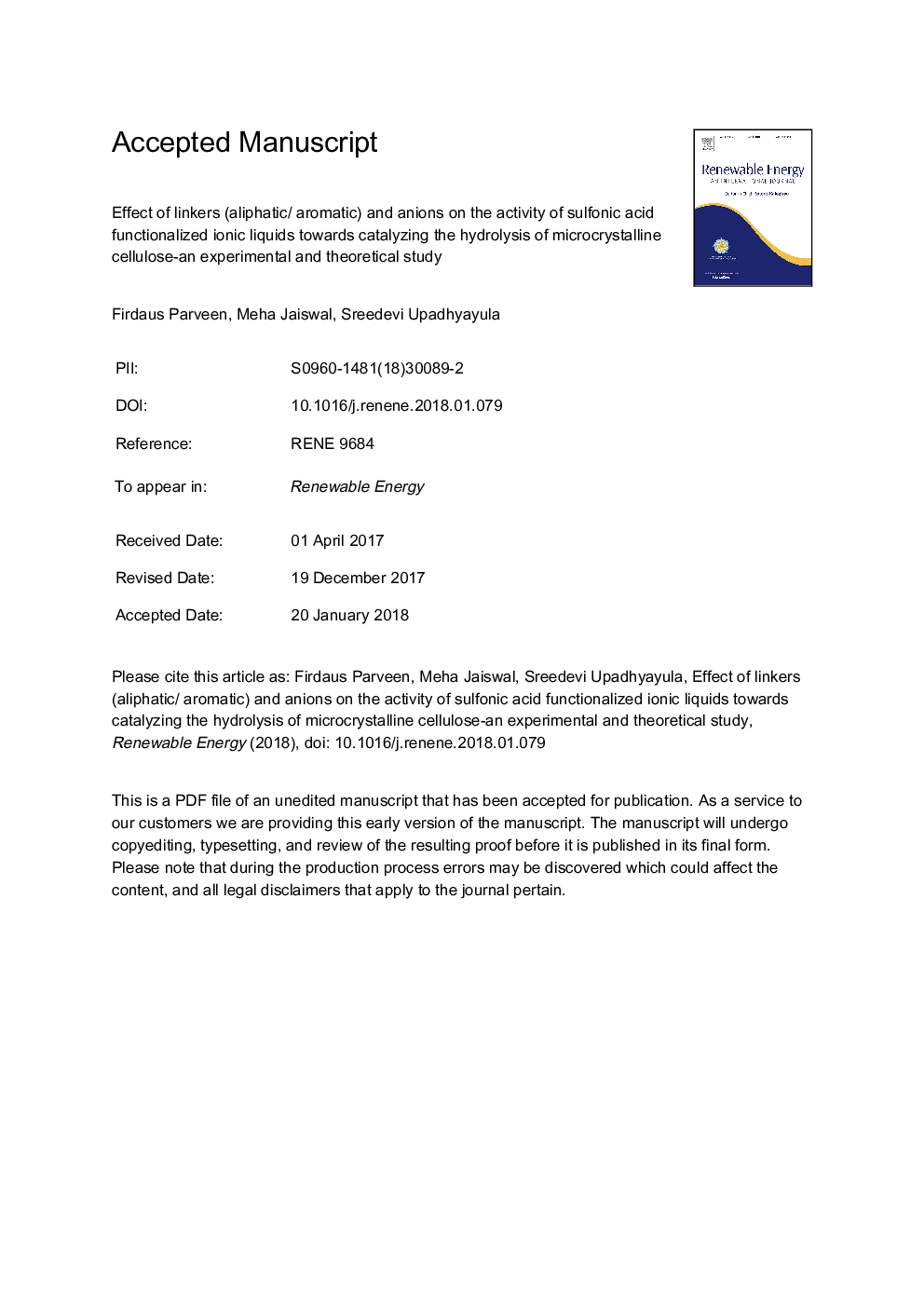 Effect of linkers (aliphatic/ aromatic) and anions on the activity of sulfonic acid functionalized ionic liquids towards catalyzing the hydrolysis of microcrystalline cellulose-an experimental and theoretical study