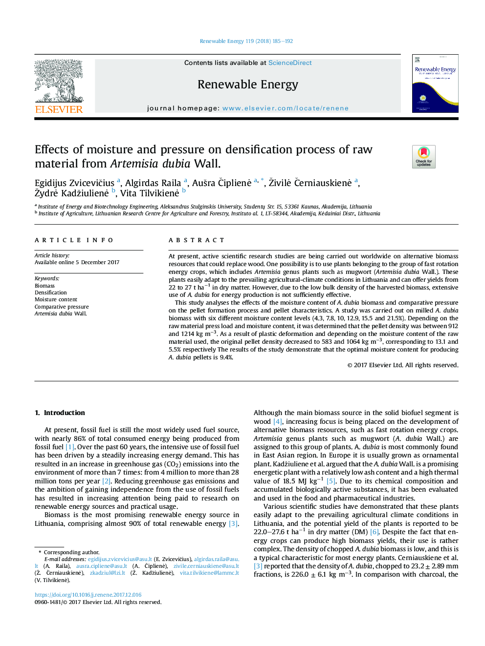 Effects of moisture and pressure on densification process of raw material from Artemisia dubia Wall.