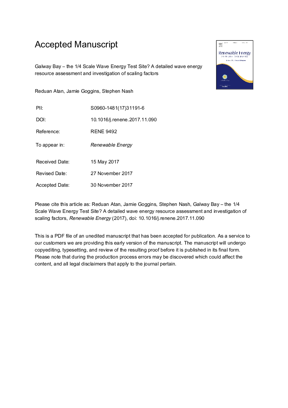 Galway Bay - The 1/4 scale wave energy test site? A detailed wave energy resource assessment and investigation of scaling factors