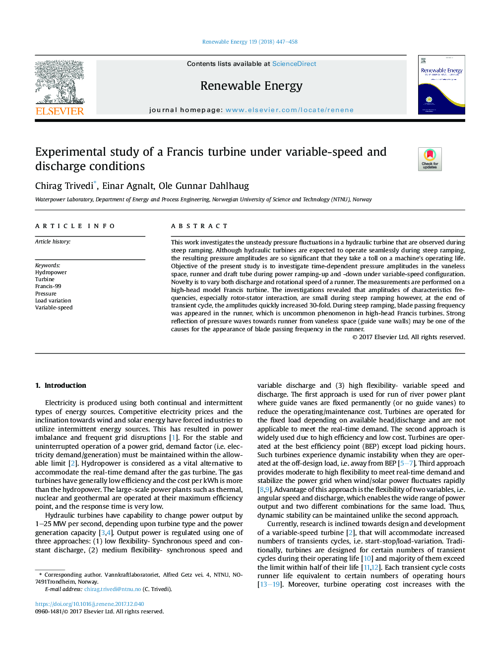 Experimental study of a Francis turbine under variable-speed and discharge conditions