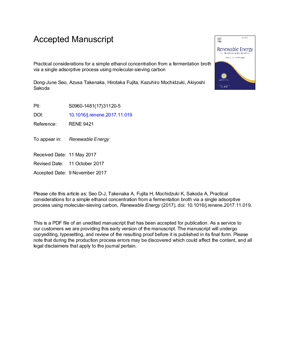 Practical considerations for a simple ethanol concentration from a fermentation broth via a single adsorptive process using molecular-sieving carbon