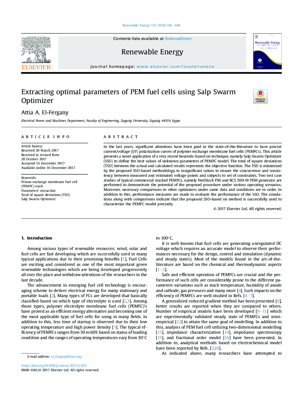 Extracting optimal parameters of PEM fuel cells using Salp Swarm Optimizer