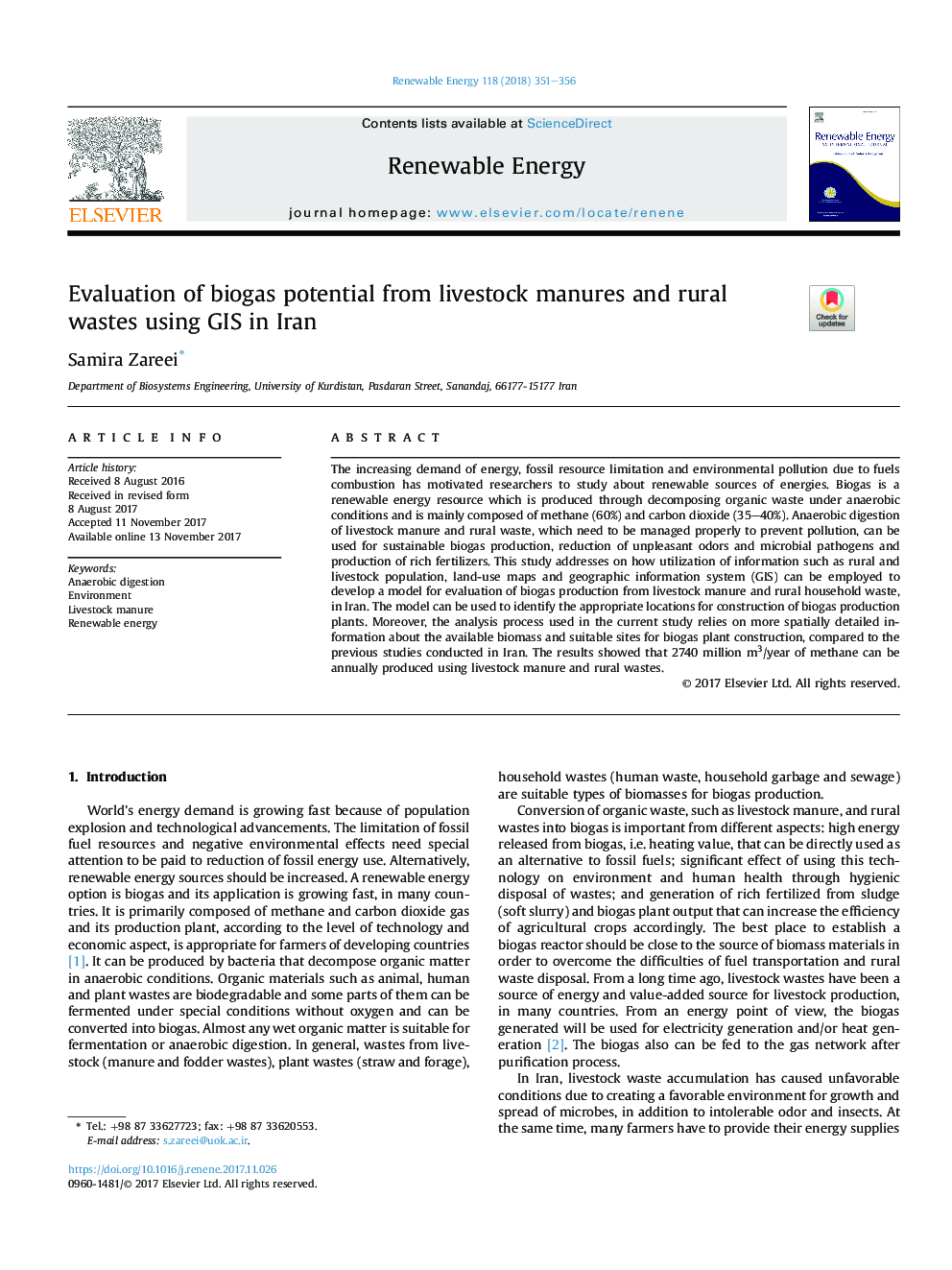 عکس صفحه اول مقاله: Evaluation of biogas potential from livestock manures and rural wastes using GIS in Iran Evaluation of biogas potential from livestock manures and rural wastes using GIS in Iran