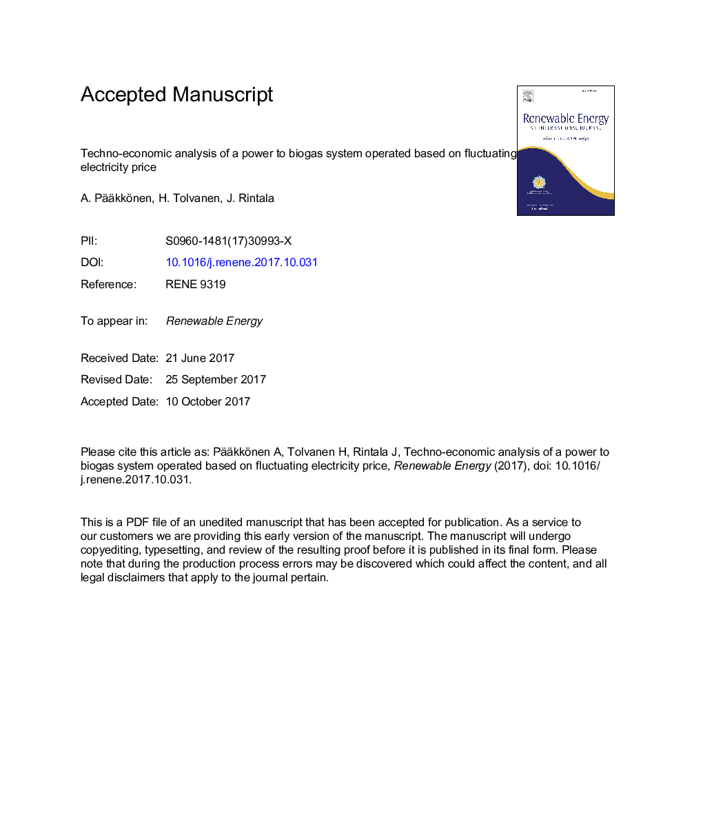 Techno-economic analysis of a power to biogas system operated based on fluctuating electricity price