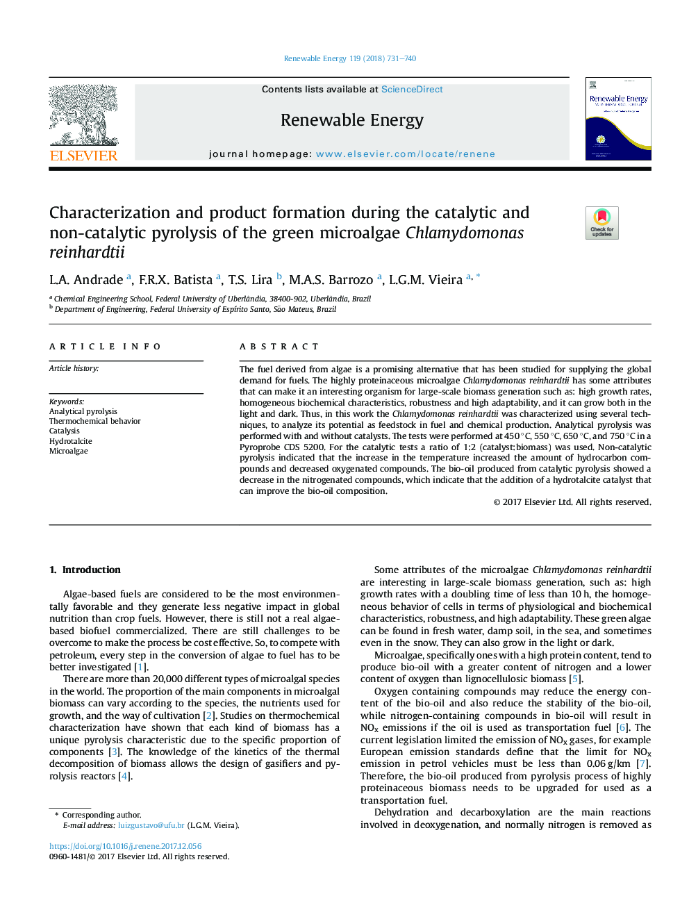 Characterization and product formation during the catalytic and non-catalytic pyrolysis of the green microalgae Chlamydomonas reinhardtii