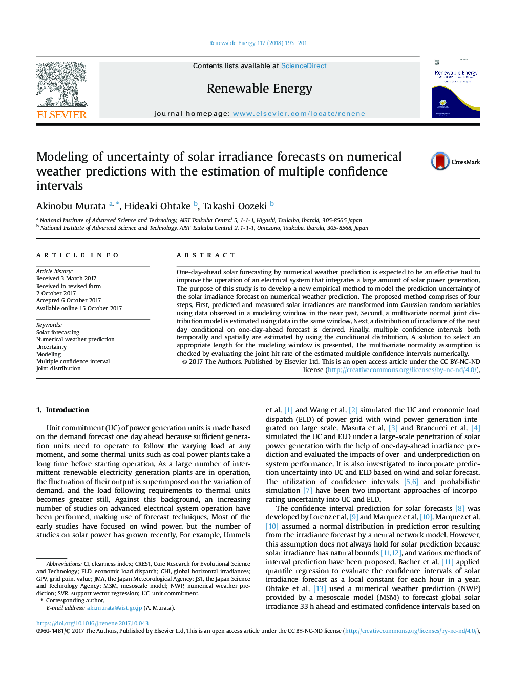 Modeling of uncertainty of solar irradiance forecasts on numerical weather predictions with the estimation of multiple confidence intervals