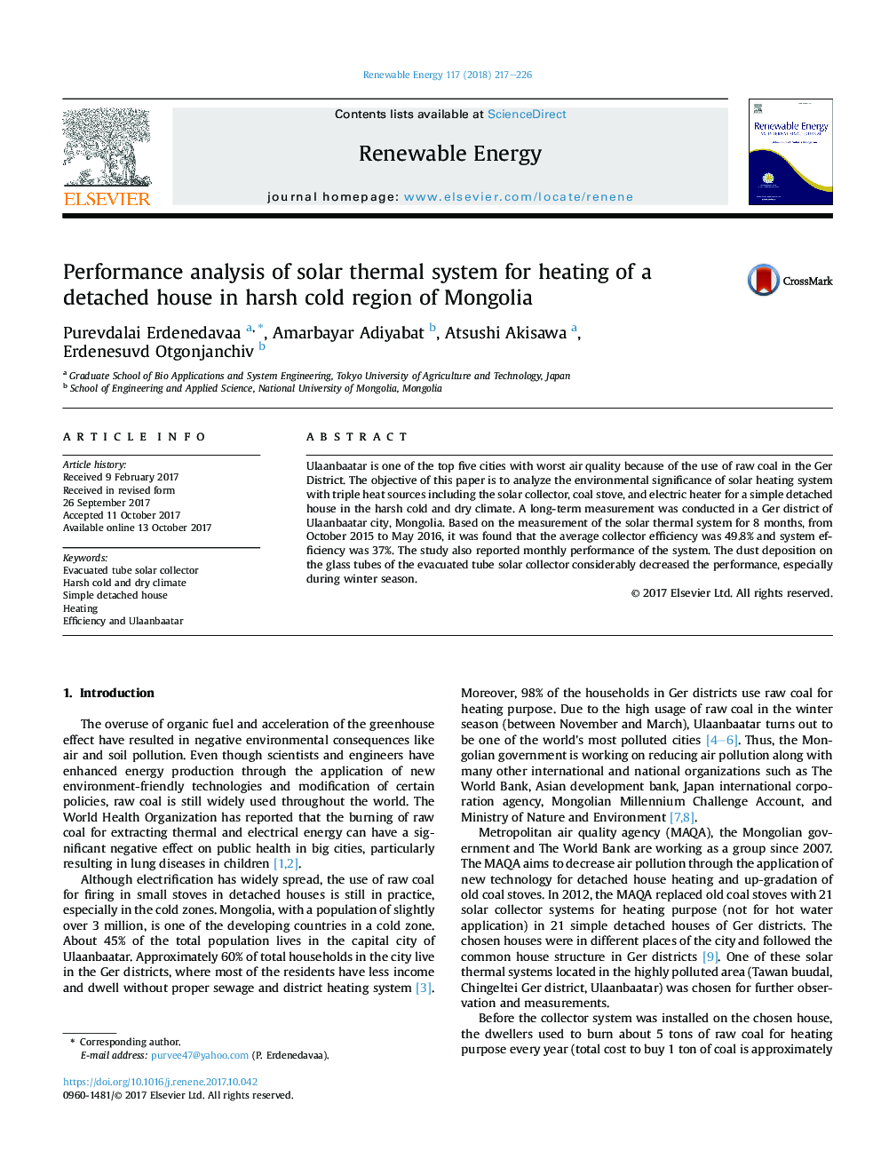 Performance analysis of solar thermal system for heating of a detached house in harsh cold region of Mongolia