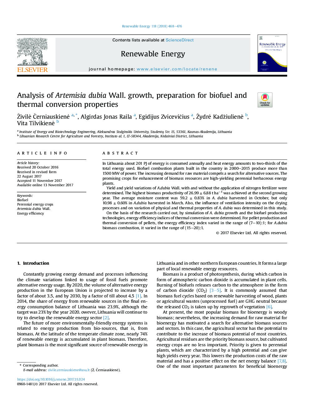 Analysis of Artemisia dubia Wall. growth, preparation for biofuel and thermal conversion properties