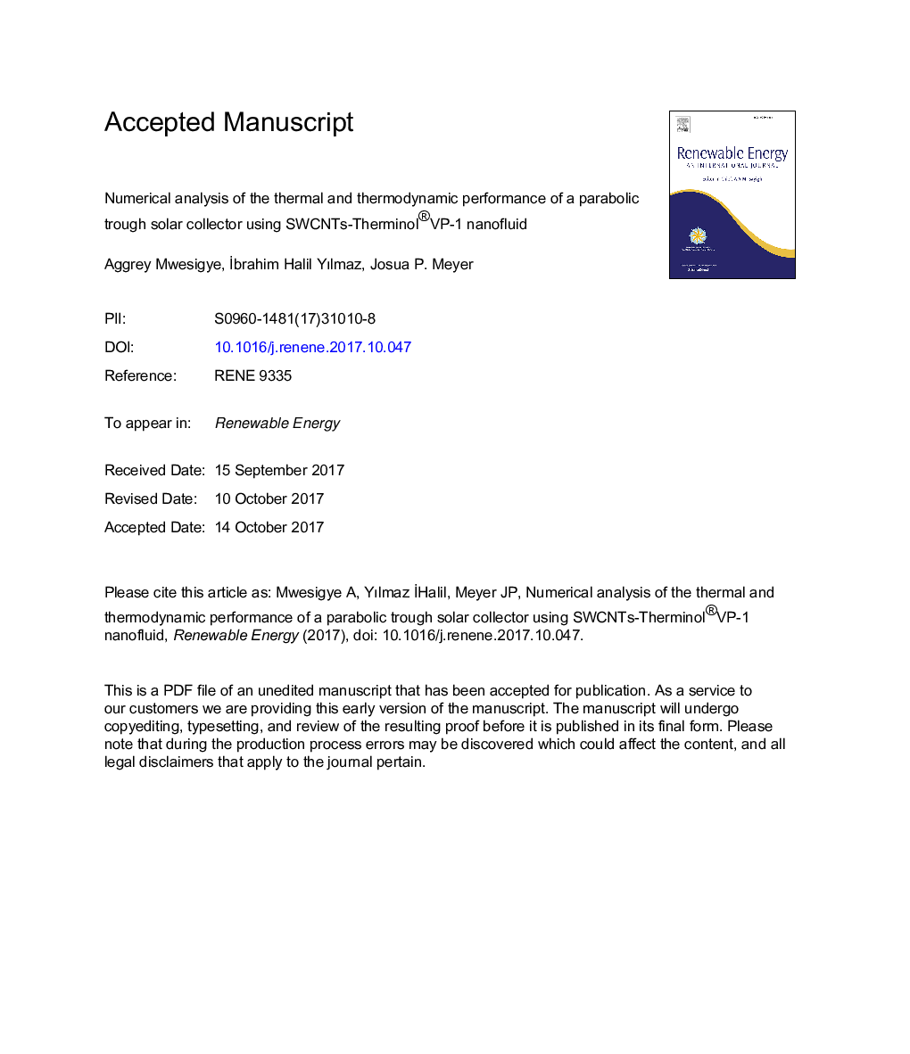 عکس صفحه اول مقاله: Numerical analysis of the thermal and thermodynamic performance of a parabolic trough solar collector using SWCNTs-Therminol®VP-1 nanofluid Numerical analysis of the thermal and thermodynamic performance of a parabolic trough solar collector using SWCNTs-Therminol®VP-1 nanofluid