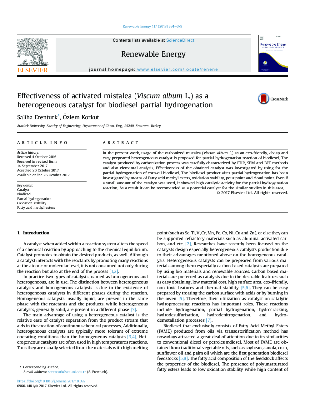 Effectiveness of activated mistalea (Viscum album L.) as a heterogeneous catalyst for biodiesel partial hydrogenation