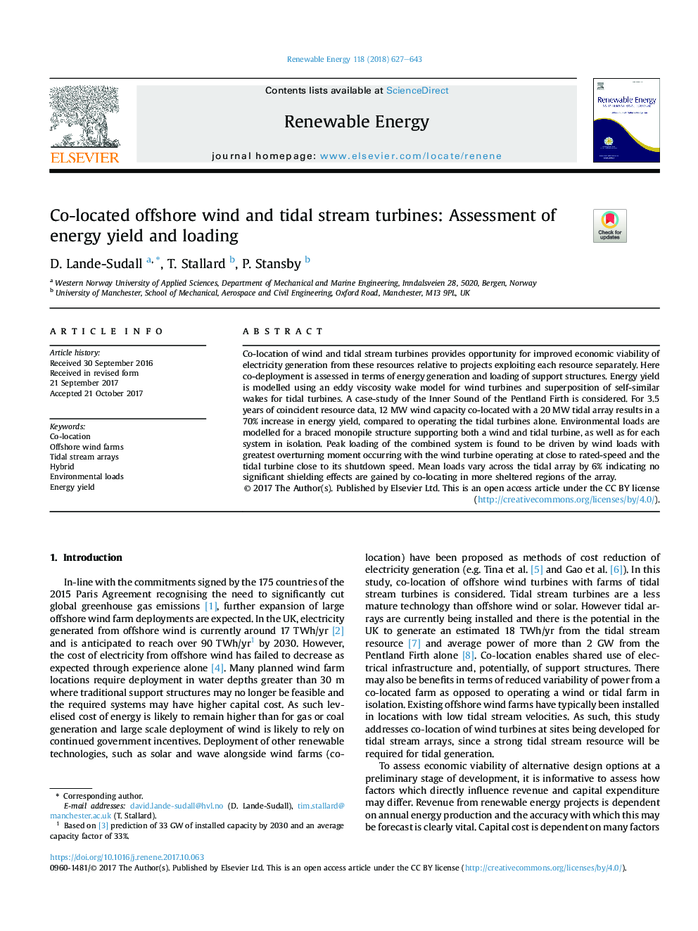 Co-located offshore wind and tidal stream turbines: Assessment of energy yield and loading