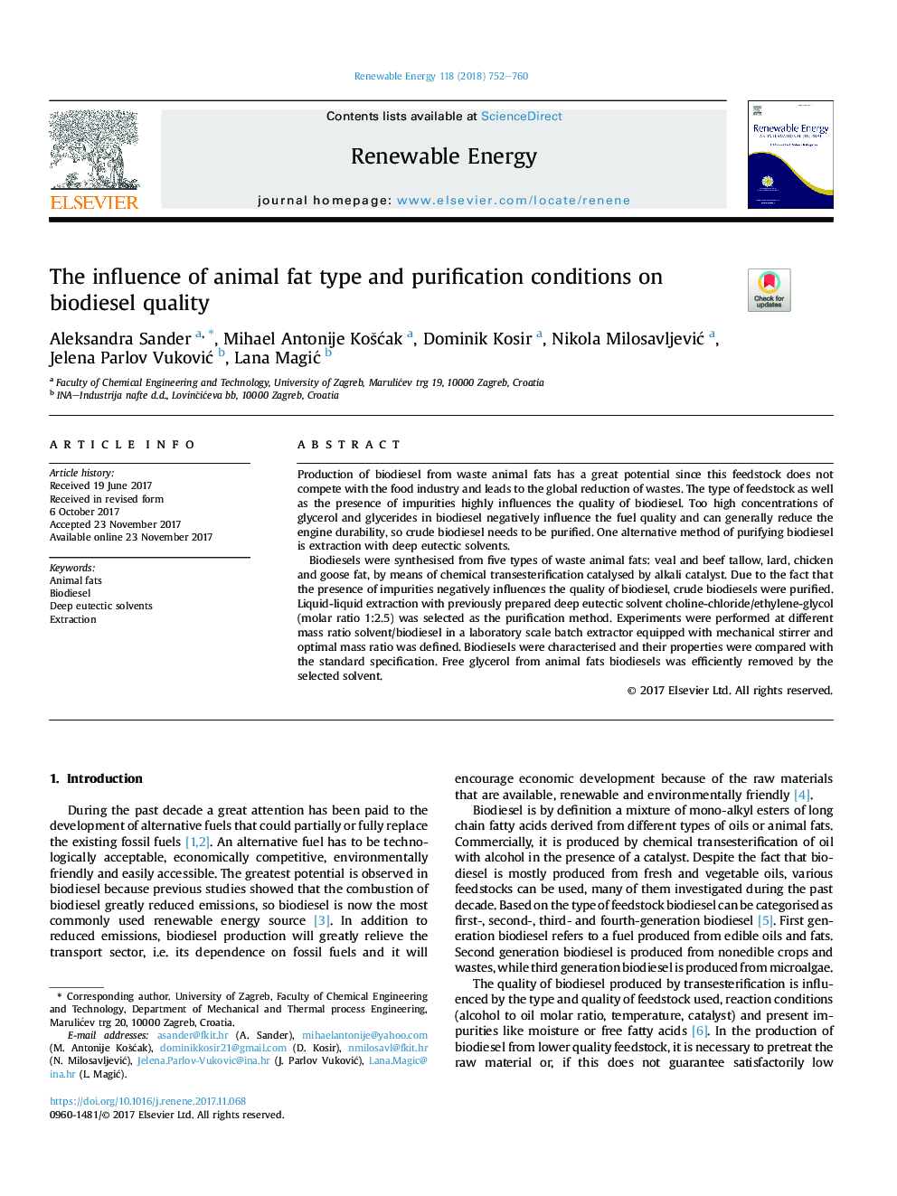 The influence of animal fat type and purification conditions on biodiesel quality