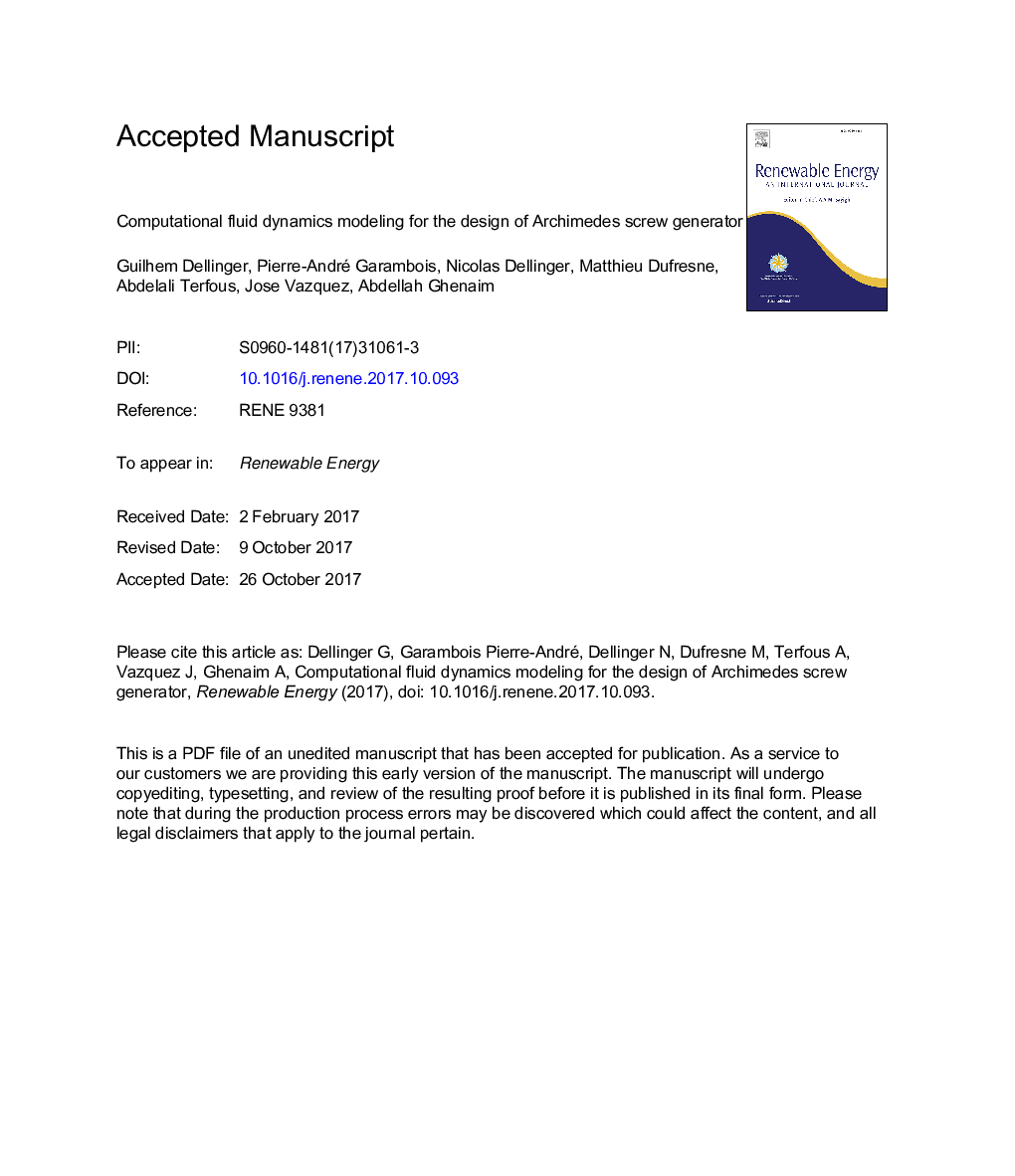 Computational fluid dynamics modeling for the design of Archimedes Screw Generator