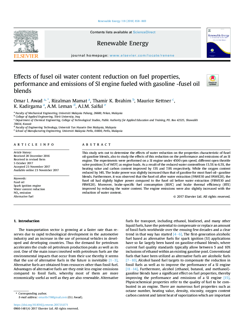 Effects of fusel oil water content reduction on fuel properties, performance and emissions of SI engine fueled with gasoline -fusel oil blends