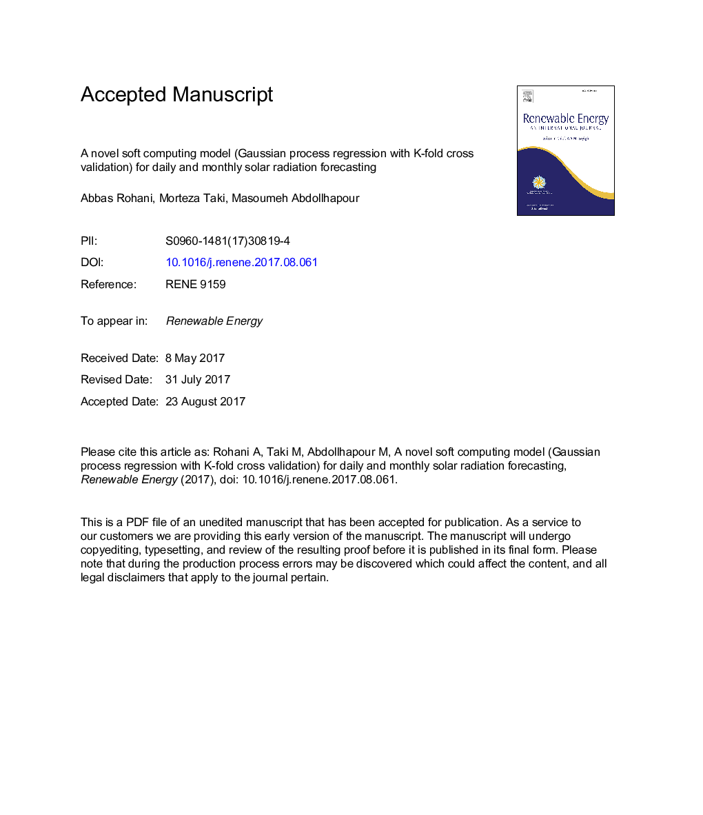 A novel soft computing model (Gaussian process regression with K-fold cross validation) for daily and monthly solar radiation forecasting (Part: I)