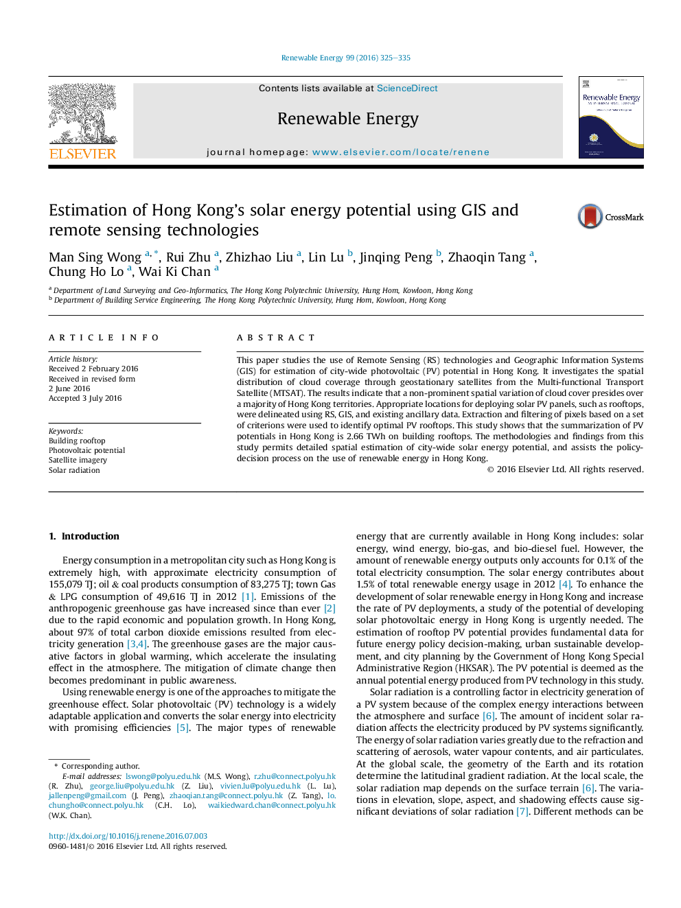 Estimation of Hong Kong's solar energy potential using GIS and remote sensing technologies