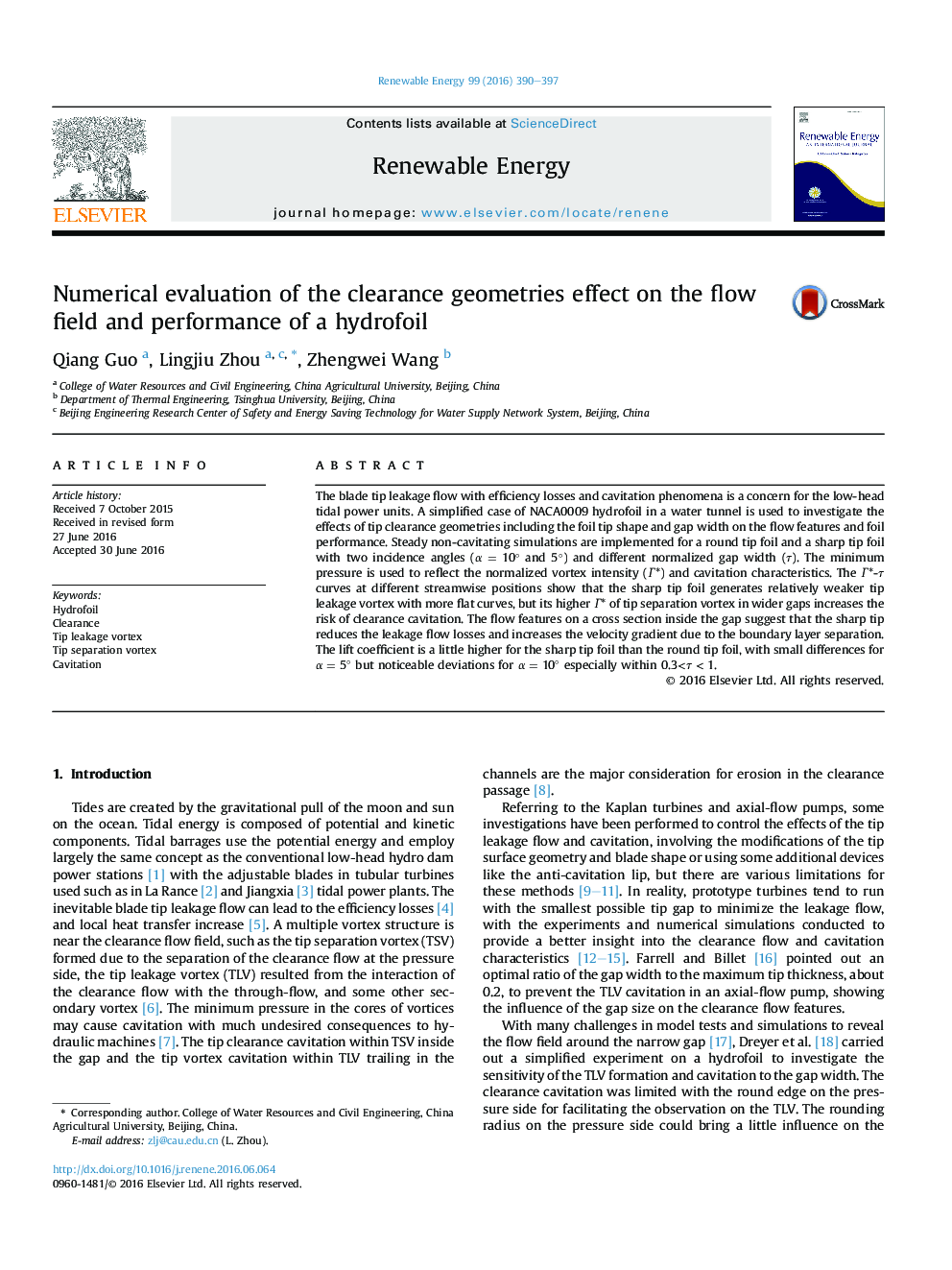 Numerical evaluation of the clearance geometries effect on the flow field and performance of a hydrofoil