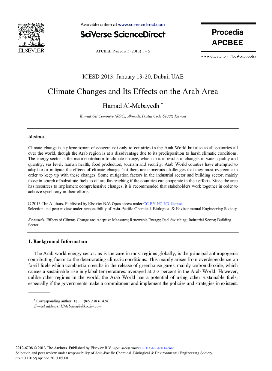Climate Changes and Its Effects on the Arab Area 