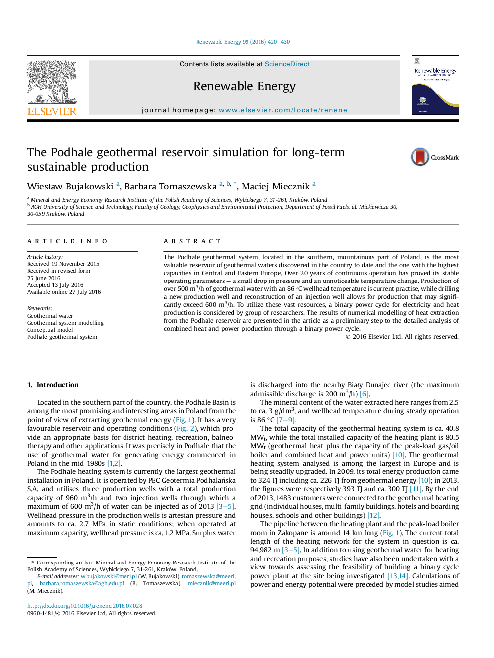 The Podhale geothermal reservoir simulation for long-term sustainable production