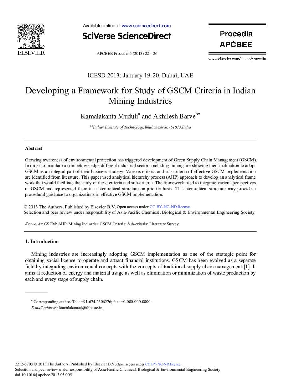 Developing a Framework for Study of GSCM Criteria in Indian Mining Industries 