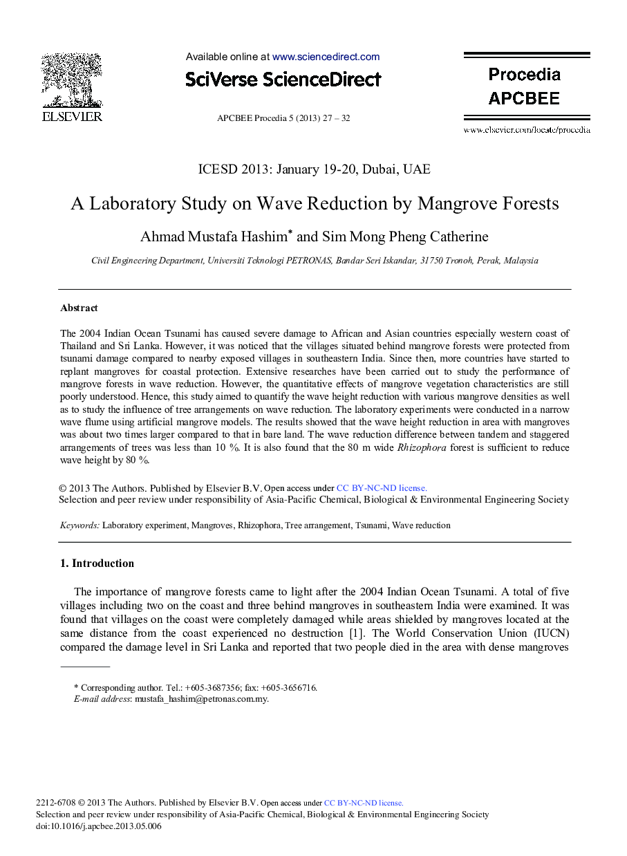 A Laboratory Study on Wave Reduction by Mangrove Forests 