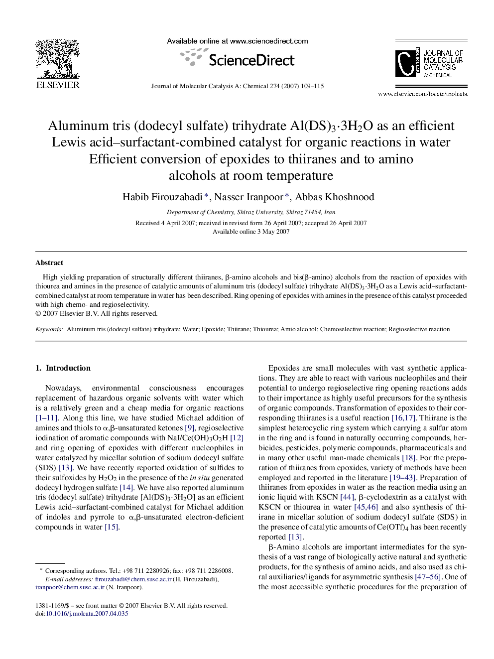 Aluminum tris (dodecyl sulfate) trihydrate Al(DS)3·3H2O as an efficient Lewis acid–surfactant-combined catalyst for organic reactions in water: Efficient conversion of epoxides to thiiranes and to amino alcohols at room temperature